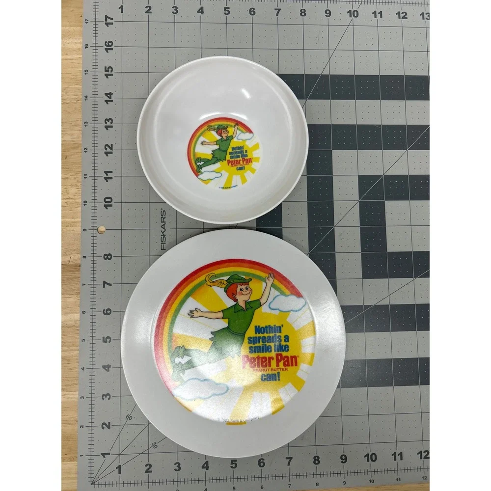 Vintage‎ Peter Pan Peanut Butter Plate Bowl Set White Plastic 1983 Retro Deka